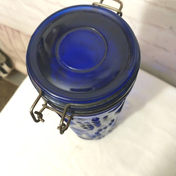 Vintage Cobalt Blue Glass Fruit Embossed Canister with Metal Hinged Lid 10" - Picture 6 of 10
